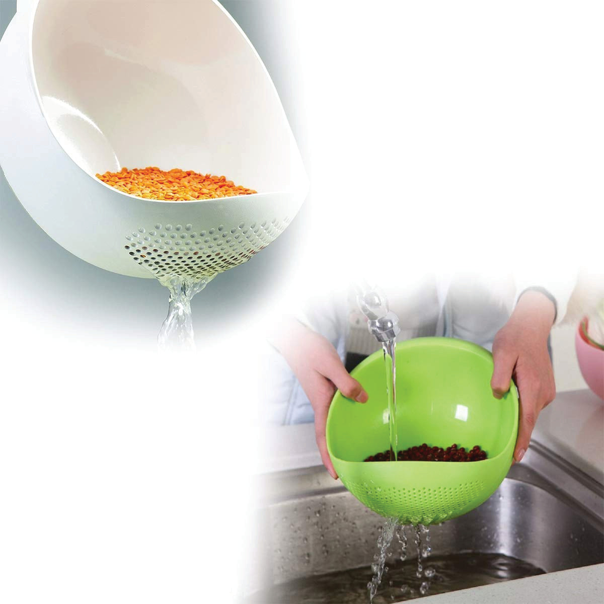 Large plastic strainer bowl, perfect for rinsing and storing rice or vegetables. Large plastic strainer bowl, perfect for rinsing and storing rice or vegetables.